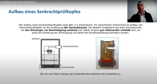 Michel Blankschän erklärt im Lernvideo zur Ultraschallprüfung den Aufbau eines Senkrechtprüfkopfes